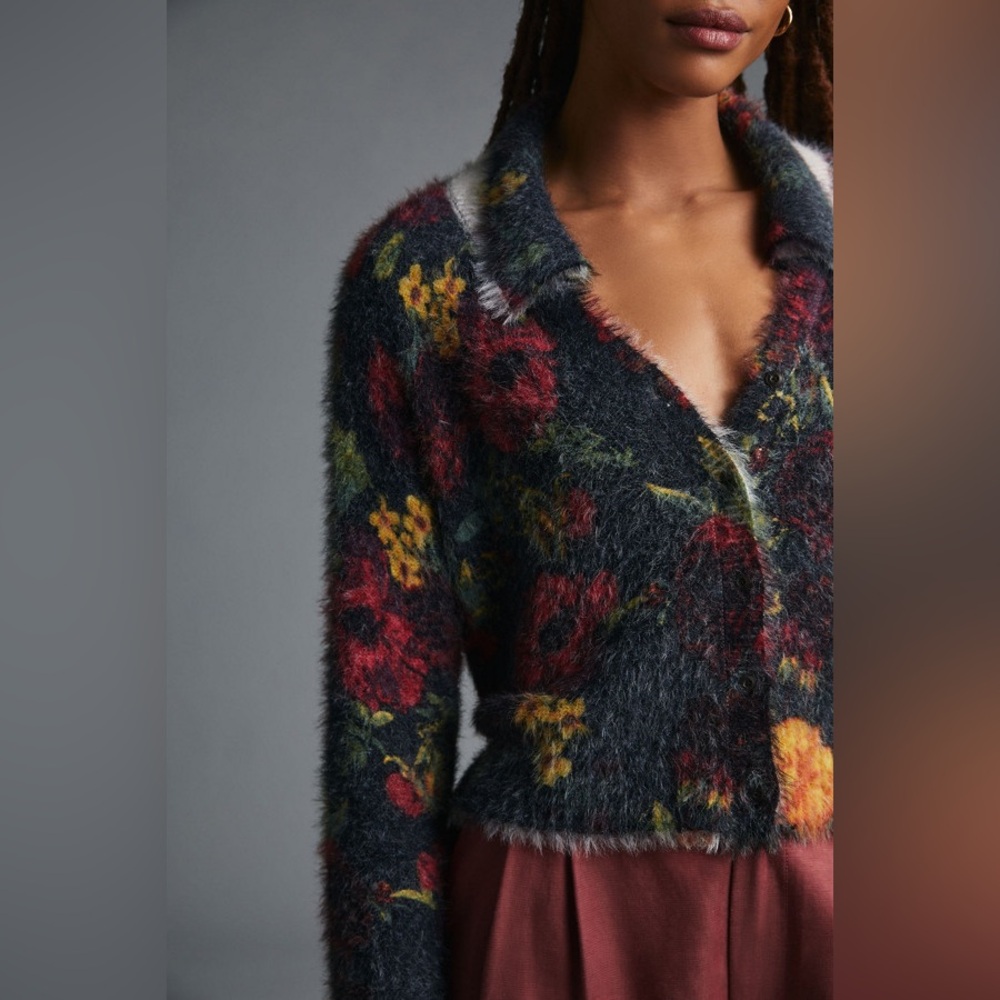 Pilcro Anthropologie Cropped Cardigan Sweater Eyelash Multicolor Fuzzy floral - Picture 2 of 7